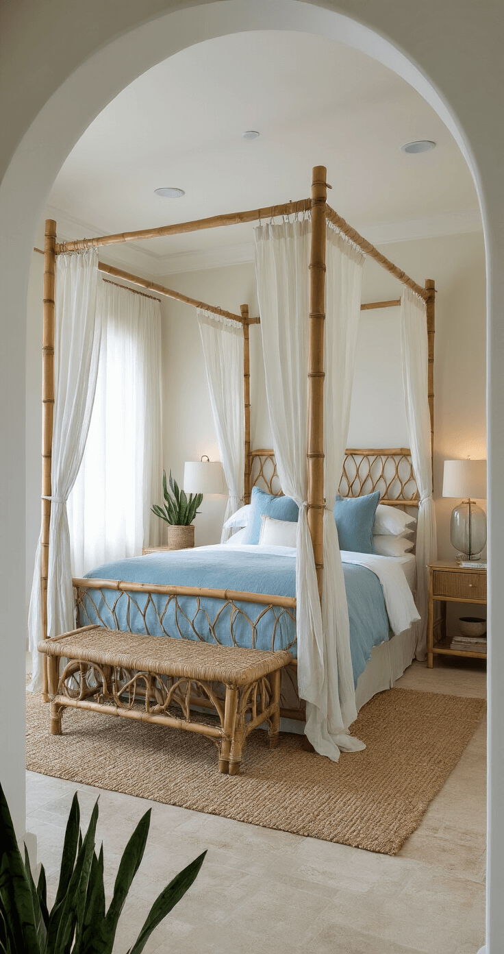 A serene primary bedroom suite featuring a four-poster bamboo bed with ocean blue linens, sheer curtains, a rattan bench, natural fiber rug, and a mid-century nightstand with a glass lamp. An arched entryway leads to a luxurious en-suite bathroom adorned with travertine tiles, recessed lighting, a backlit vanity mirror, and potted snake plants.