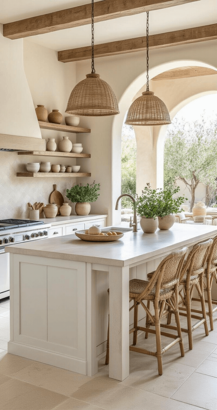 Bright, airy kitchen with white shaker-style cabinets, weathered wood shelves displaying ceramic pieces, and a soft, veined beige stone backsplash and countertops. Rattan-shaded pendant lights hang over a large island, with under-cabinet lighting highlighting the stone. An arched doorway opens to an outdoor kitchen and dining area, surrounded by potted herbs and citrus trees.