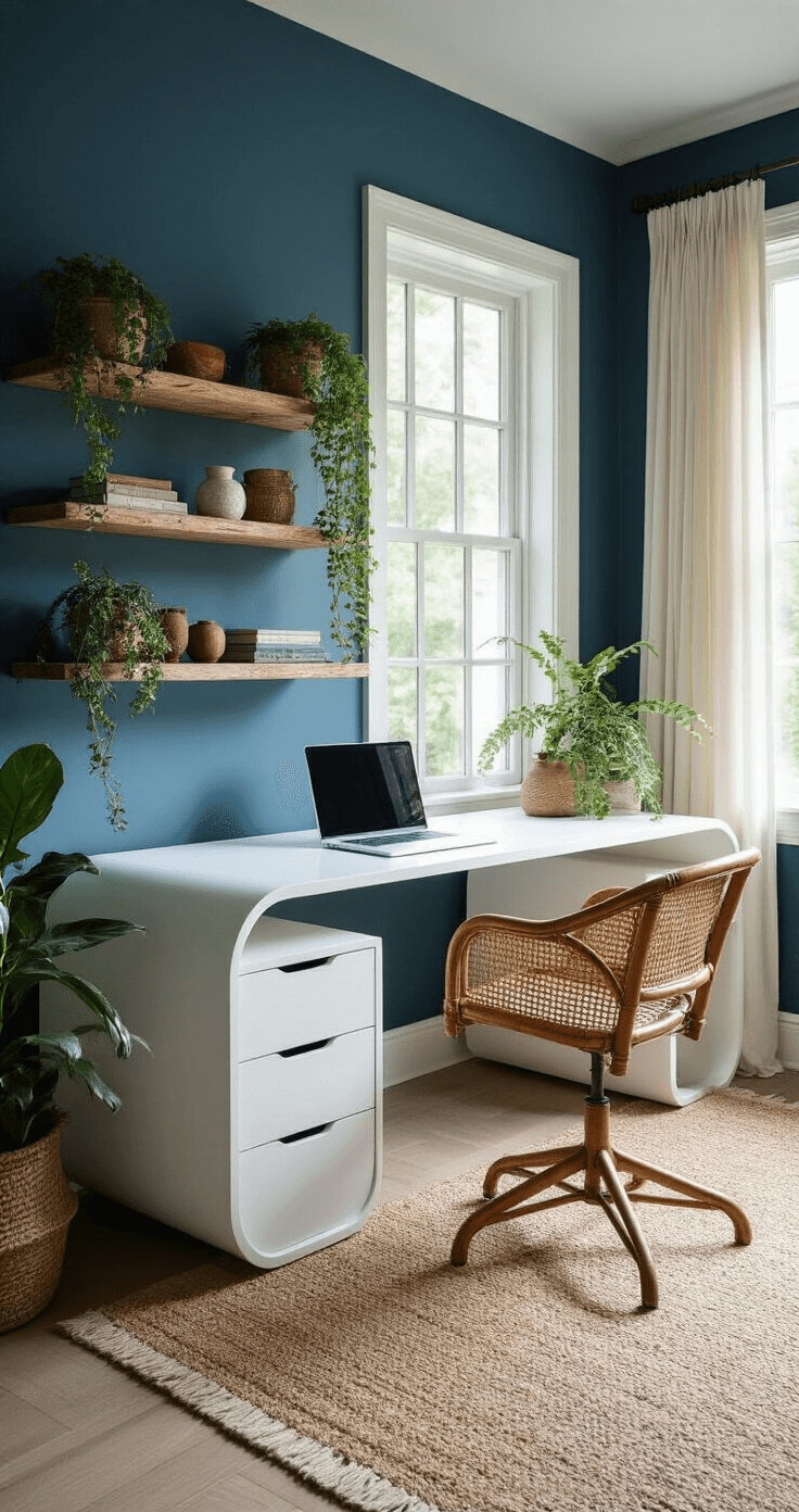 A serene home office with ocean blue walls, a white lacquer desk, a rattan chair, reclaimed wood shelves with plants, and soft light from sheer curtains.