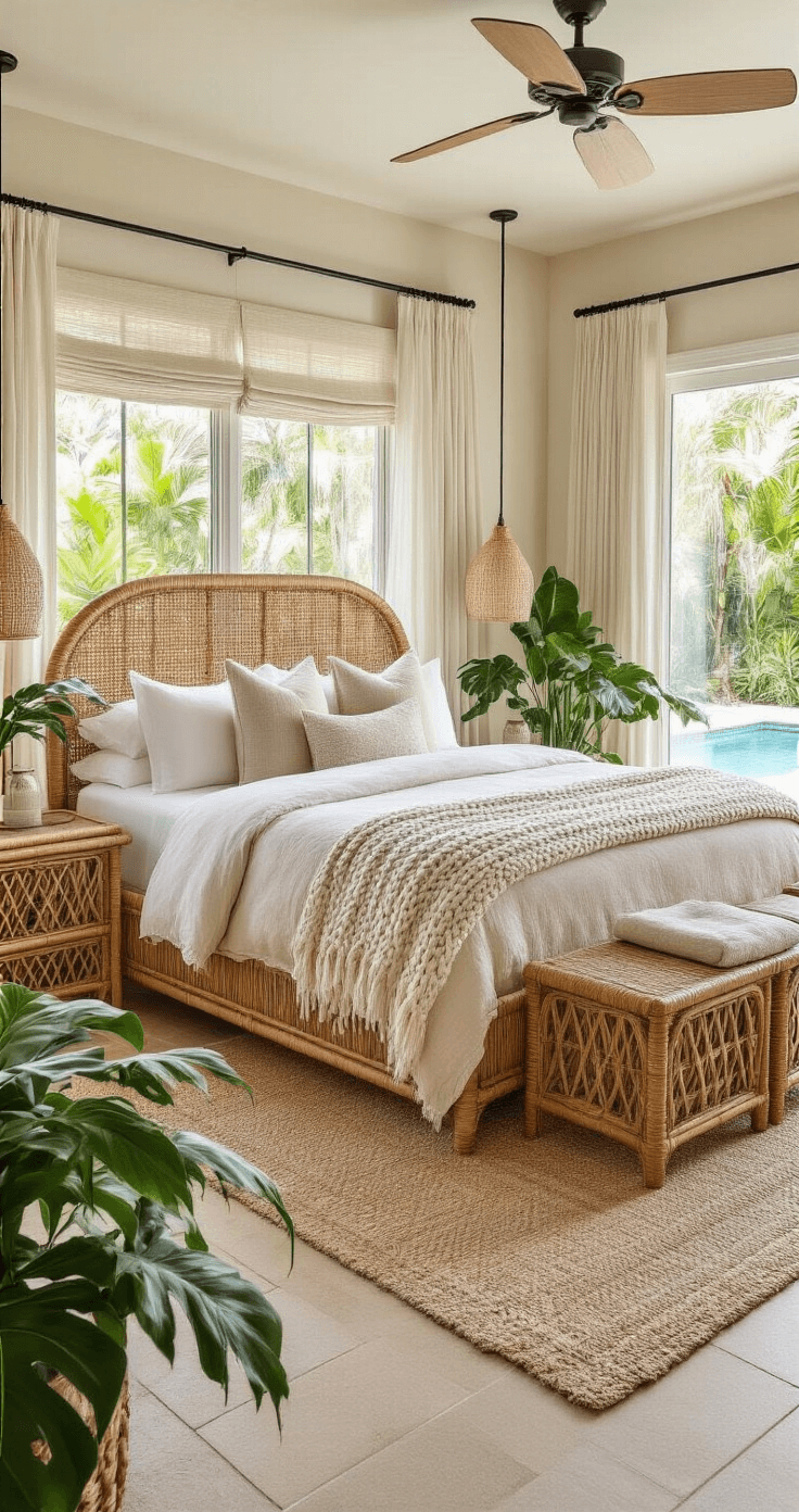 A tropical guest suite with a rattan platform bed, sandy-hued linens, and chunky knit blanket, flanked by wicker side tables with lamps, large windows offering views of a pool and garden, and potted palms and monstera plants enhancing the ambiance.