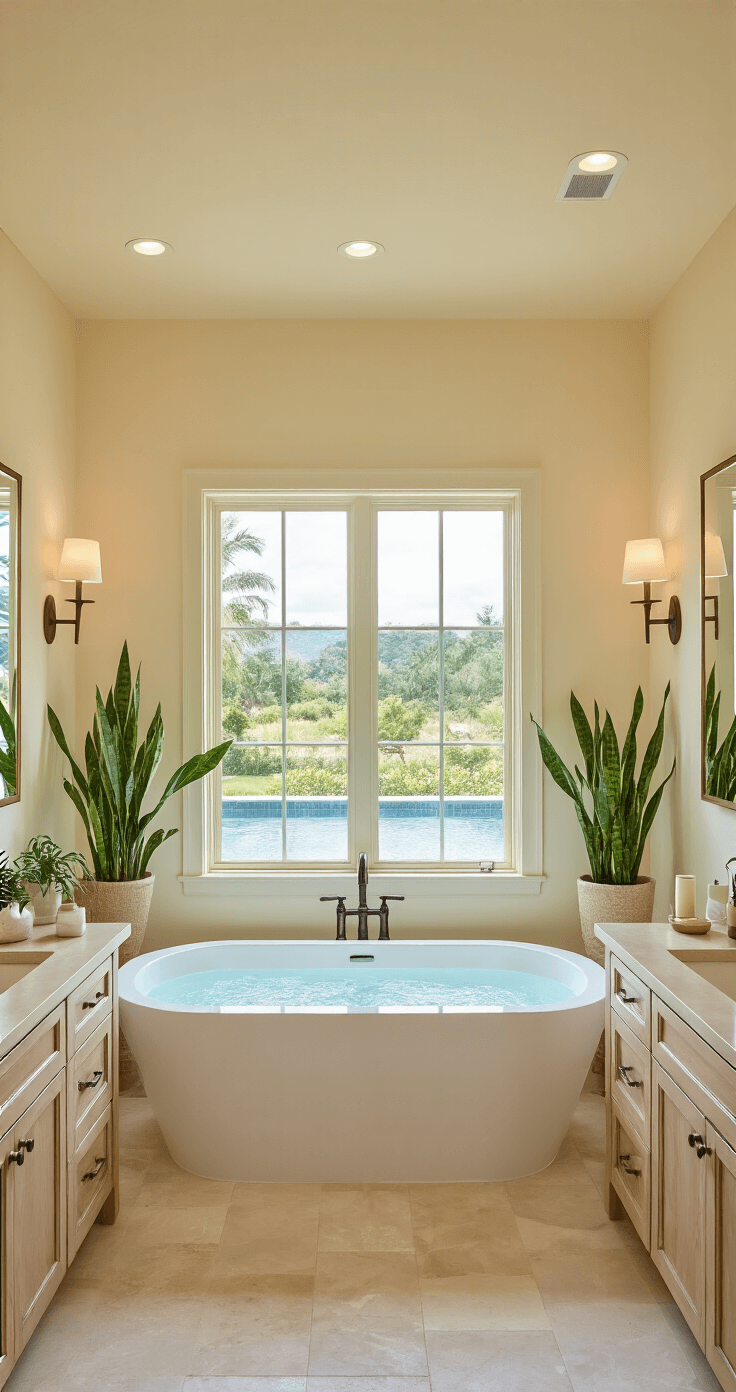 A bright, airy primary bathroom with buttery cream walls, a freestanding bathtub under a large window overlooking a pool and garden, double vanities with natural stone countertops, backlit mirrors, recessed ceiling lights, decorative sconces, and potted palms and snake plants adding a coastal-inspired touch.