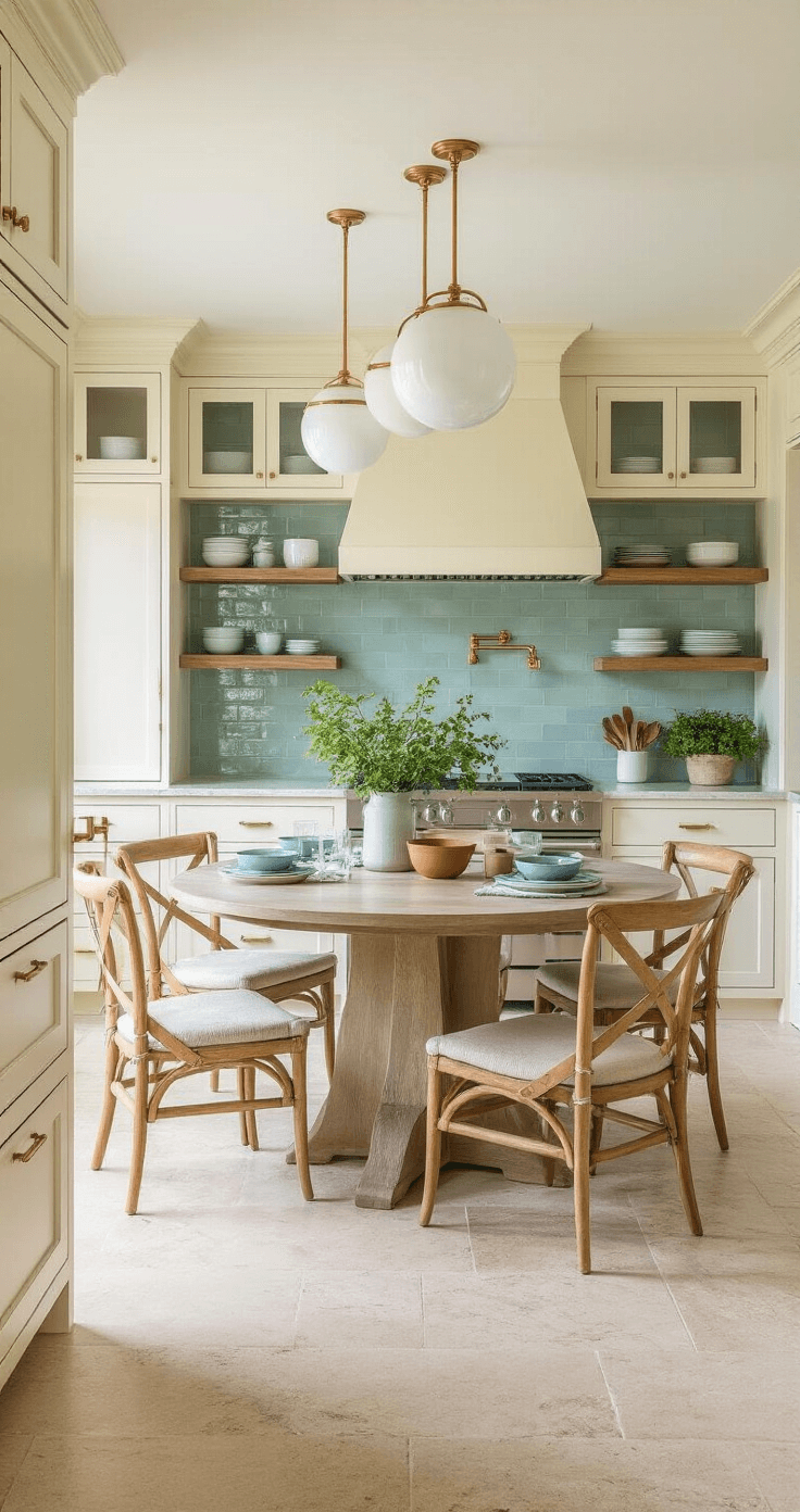Modern Florida Home Interiors: How I Created a Cool, Breezy Paradise Without Looking Like a Beach Cliché A bright, sun-drenched kitchen featuring high-gloss cream cabinets, a seafoam green tile backsplash, cool gray quartz countertops, floating wood shelves with dishware in soft blues and terracotta, and brass fixtures. At the center, a weathered teak oval dining table with six linen-upholstered chairs, illuminated by three antiqued brass globe pendants, all on travertine flooring that flows into the living room.
