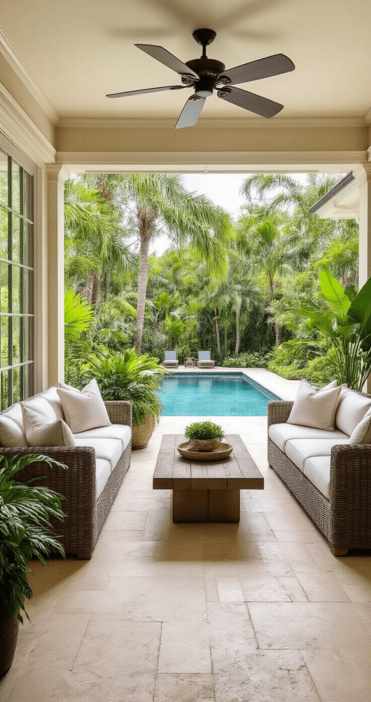 Modern Florida Home Interiors: How I Created a Cool, Breezy Paradise Without Looking Like a Beach Cliché A breezy screened-in lanai with white modular outdoor sofas, a weathered teak coffee table, and potted plants overlooks a pool and lush landscaping, featuring travertine flooring that connects to the main living areas.