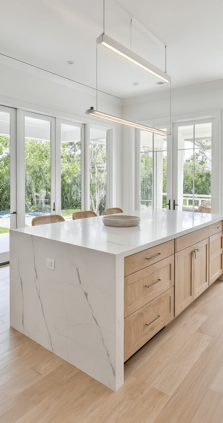 Bright Florida kitchen featuring white oak cabinetry, honed quartzite countertops, and large windows allowing natural light. An integrated refrigerator and sliding glass doors lead to an outdoor patio, complemented by a linear LED pendant above the central island.