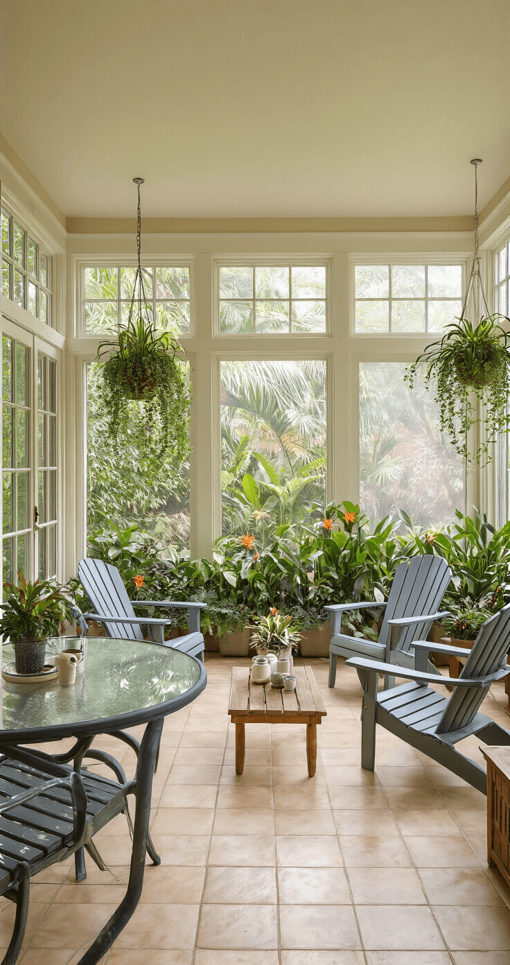 Elegant sunroom addition featuring panoramic glass walls, polished cream tile flooring, and a mix of powder-coated aluminum and teak furniture, adorned with tropical plants, captured in soft, filtered morning light.