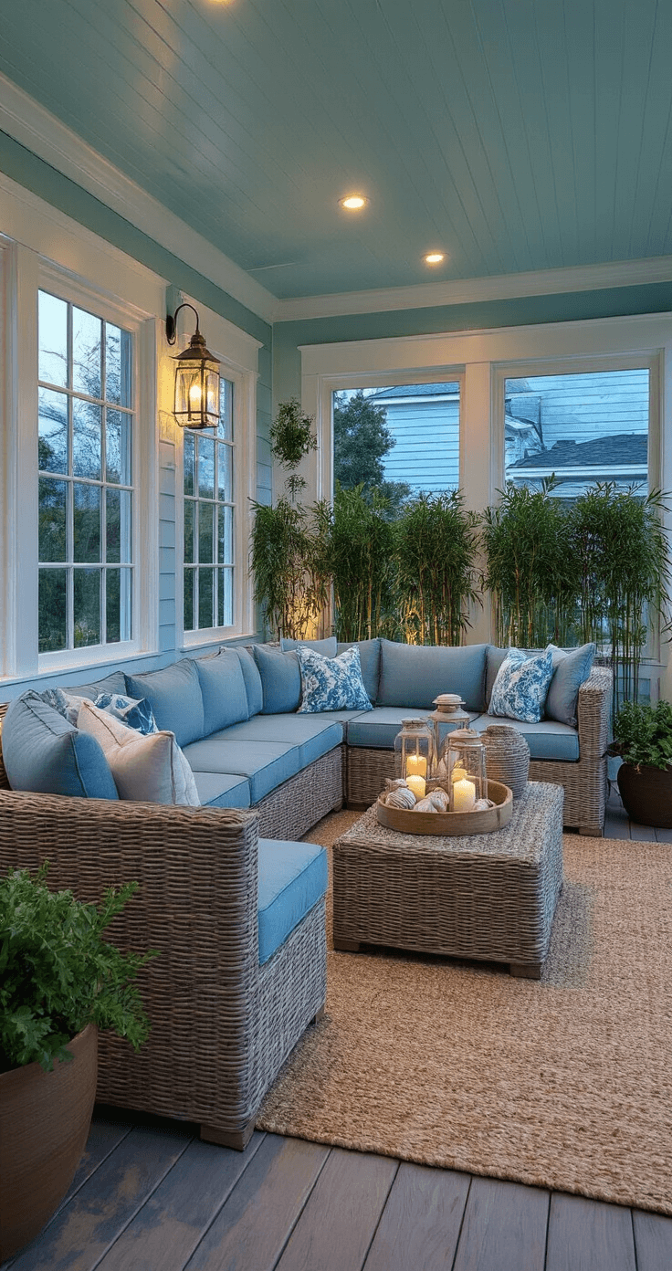 Coastal-themed screened porch at blue hour featuring soft blue and seafoam colors, weathered driftwood accents, deep-seating sectional, and warm string lighting, with views of a garden partially revealed by retractable screens.