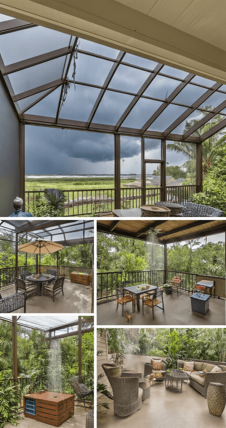 A multi-functional screened patio during an afternoon storm, featuring a covered dining area, children's play zone, and adult relaxation corner, all designed for weather management with storm-resistant furniture and resilient Florida plants.