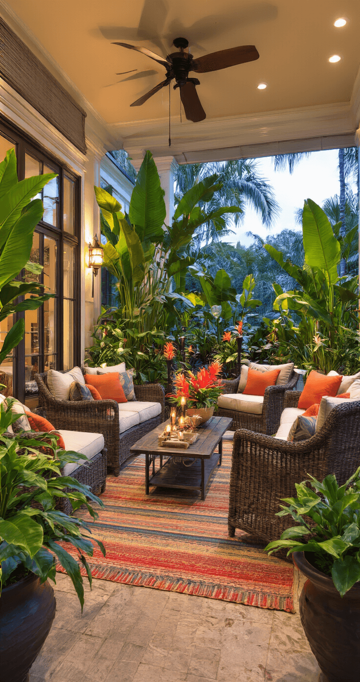 Wide establishing shot of a tropical patio at dusk featuring bold plants, weather-resistant wicker furniture, tiki torches, colorful outdoor rugs, and smart lighting, creating a vibrant vacation-resort atmosphere.