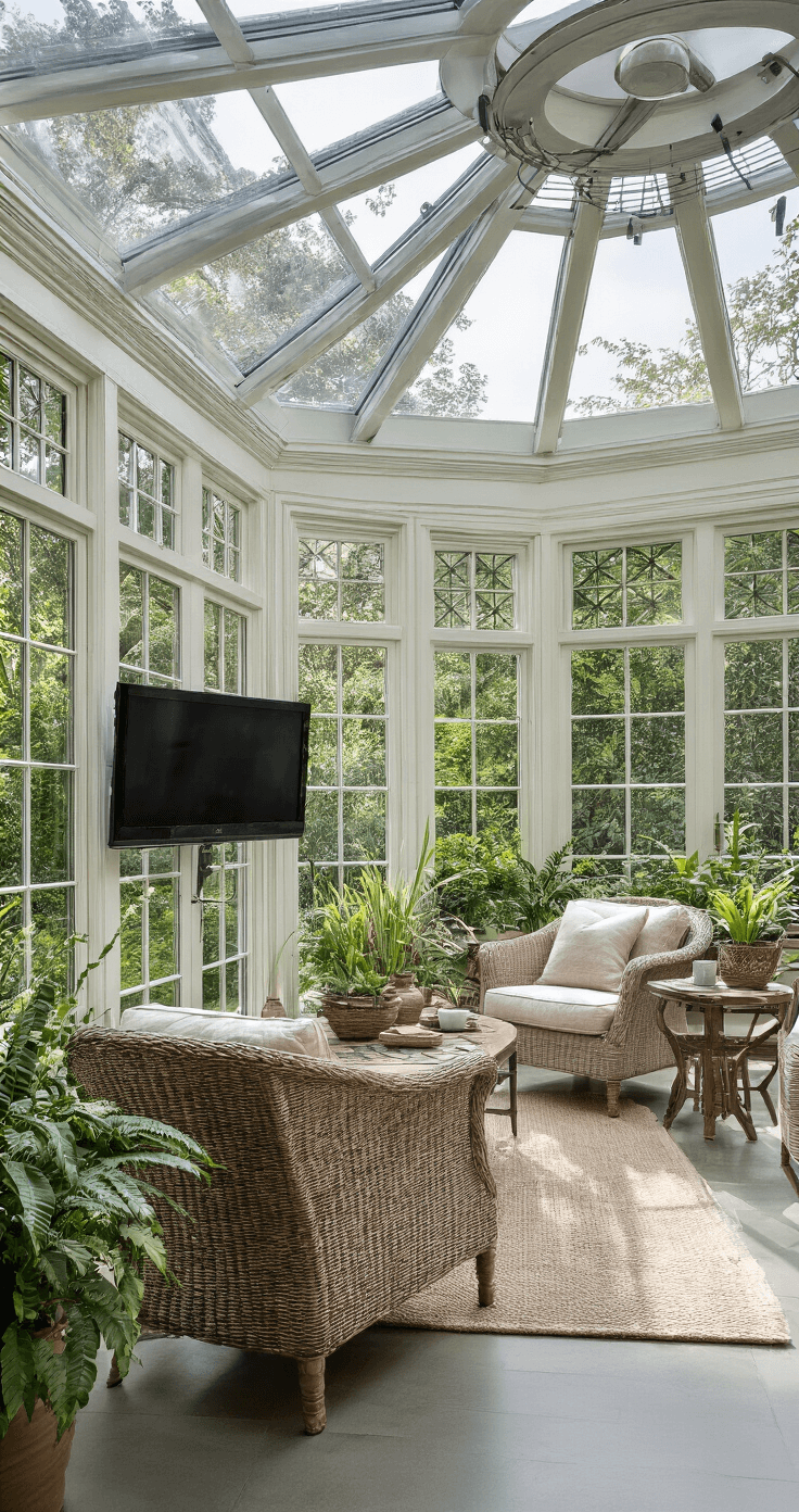 Interior view of an elegant sunroom conservatory with a high glass roof, featuring floor-to-ceiling windows, comfortable reading chair, and lush plants. The space includes a professional-grade outdoor television, ceiling-mounted fans with lighting, and polished concrete floors accented by area rugs, all highlighting a sophisticated design.