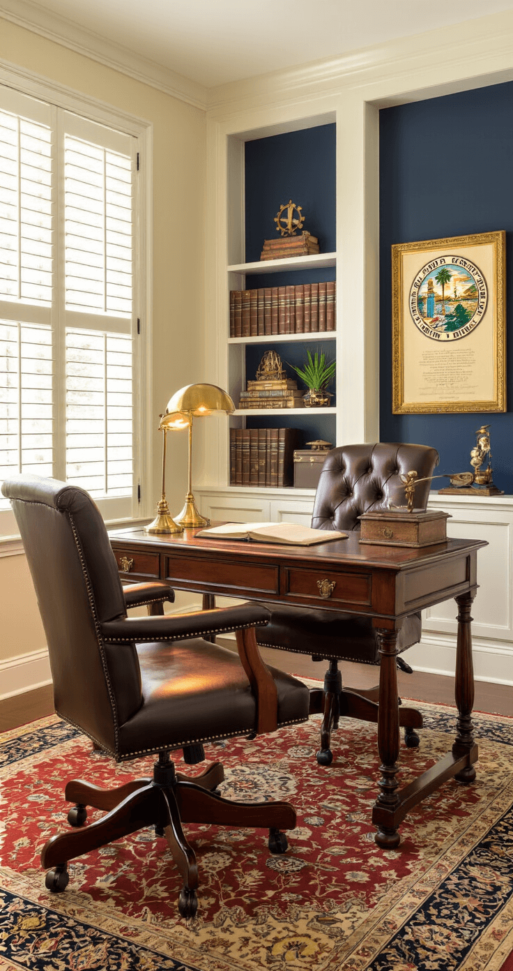 A sophisticated home office featuring warm golden sunlight, rich mahogany desk with leather chair, brass lamp, and Florida state seal wall art, accented by navy blue wall, vintage prints, and built-in bookshelves, all anchored by a Persian rug.