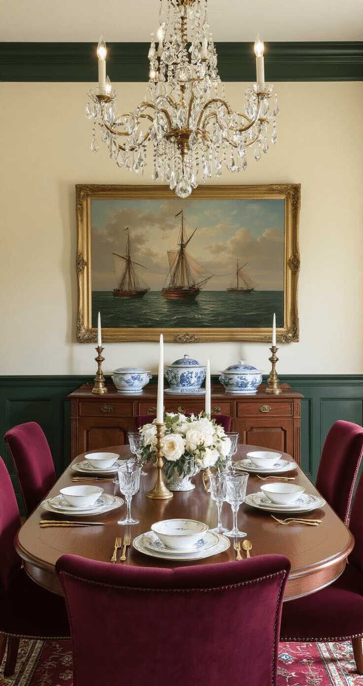 An elegant dining room during the blue hour, featuring a solid oak table with burgundy velvet chairs, warm ivory walls with dark green wainscoting, and an oil painting of Florida maritime history. The room is illuminated by a chandelier, casting dramatic shadows, with antique brass candlesticks, fine china, and crystal glassware set formally on the table. A deep red Persian runner lies beneath the table, and a built-in china cabinet showcases vintage Florida memorabilia, all set on rich walnut hardwood floors.