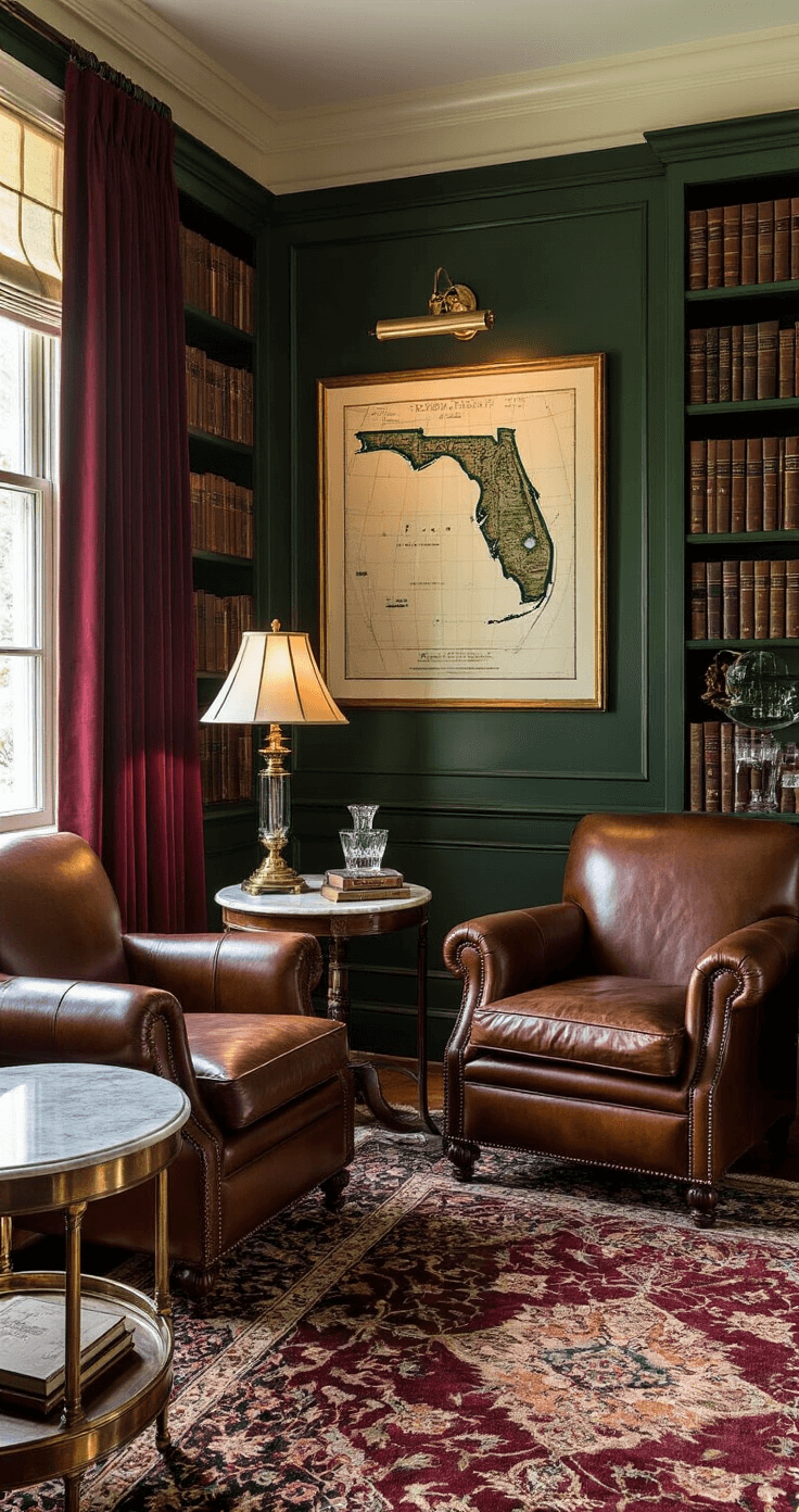 Sophisticated library den with warm lighting, featuring rich leather armchairs, marble side table, floor-to-ceiling walnut bookshelves filled with Florida history volumes, deep forest green lower walls, cream upper walls, and a framed vintage map of Florida, complemented by deep burgundy velvet curtains and an oriental rug in jewel tones.