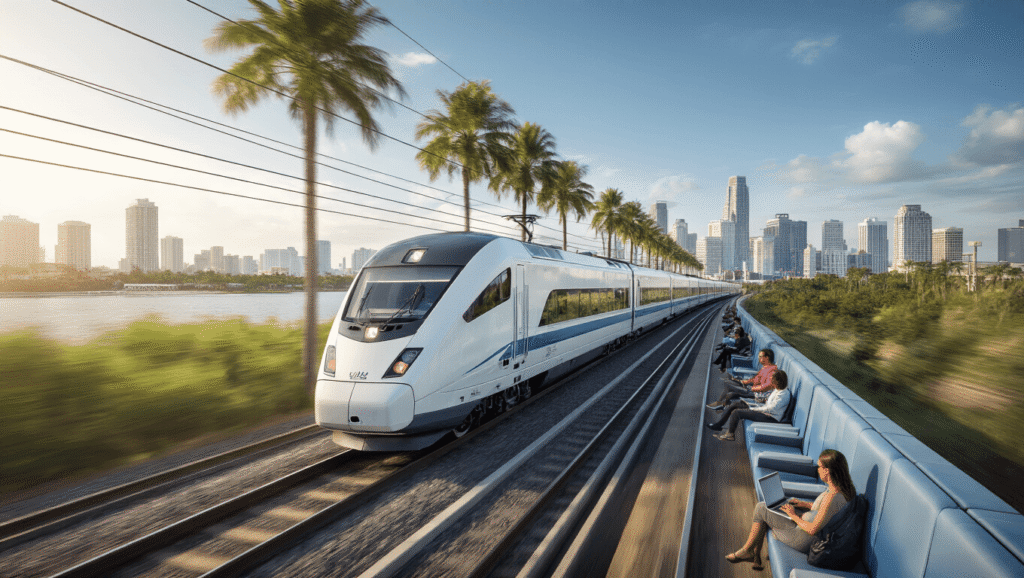 Ride the Future: How Brightline is Revolutionizing American Train Travel "Brightline passenger train speeding through Florida with motion blur effects, passengers using laptops in contemporary seating, Miami skyline and Orlando theme parks in the backdrop, with overhead electric lines indicating sustainable rail infrastructure"