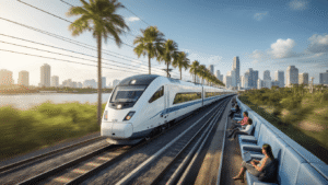 "Brightline passenger train speeding through Florida with motion blur effects, passengers using laptops in contemporary seating, Miami skyline and Orlando theme parks in the backdrop, with overhead electric lines indicating sustainable rail infrastructure"