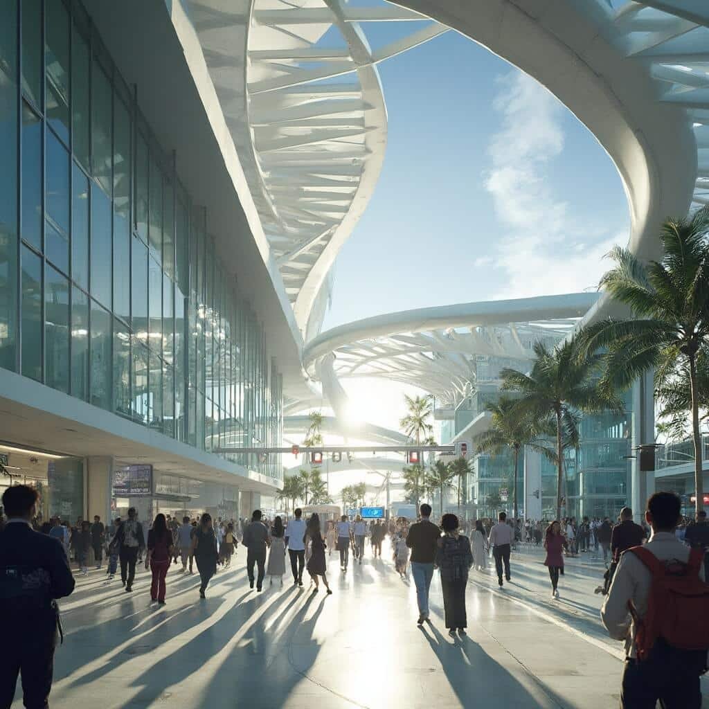 Ride the Future: How Brightline is Revolutionizing American Train Travel Brightline's MiamiCentral station architectural highlight with modern design, integrated urban connections, bustling travelers, dramatic sunlight effects, and wide-angle view of technological infrastructure