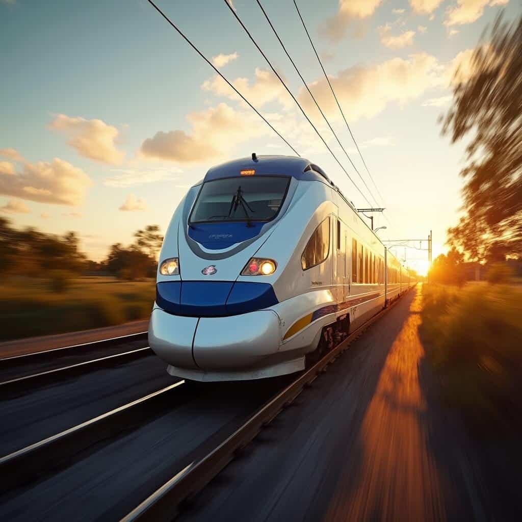 Brightline train gliding along Florida landscape under golden sunset, showcasing modern design and technology