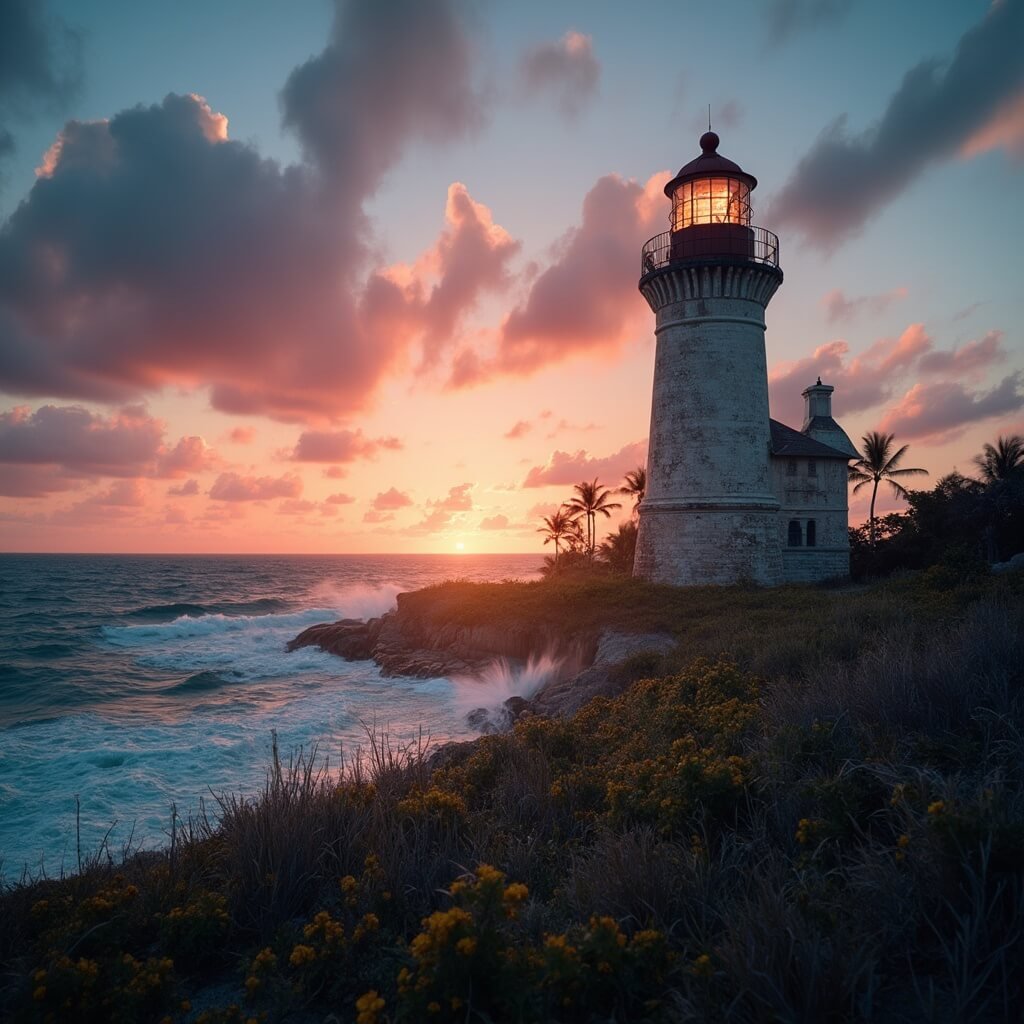 Dramatic sunrise illuminating historic lighthouse at Bill Baggs Cape Florida State Park with soft-focus tropical vegetation, rolling ocean waves, and vibrant sky gradient