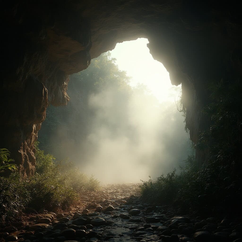 Dramatic morning landscape with steam rising from a large cave opening, surrounded by Florida's lush vegetation, captured with high dynamic range photography using a Nikon D850