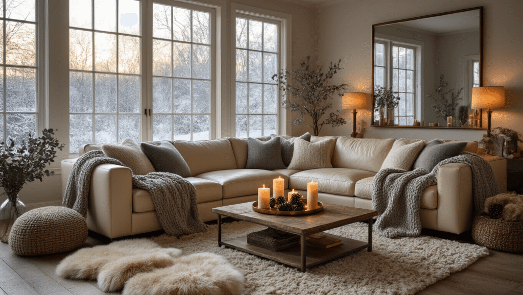 How to Transform Your Home Into a Cozy Winter Haven Without Breaking the Bank A cozy winter living room featuring a cream leather sectional with gray chunky knit throws, layered sheepskin rugs, warm golden hour lighting, textured pillows, and a wooden coffee table with candles and decor elements, creating an inviting atmosphere.