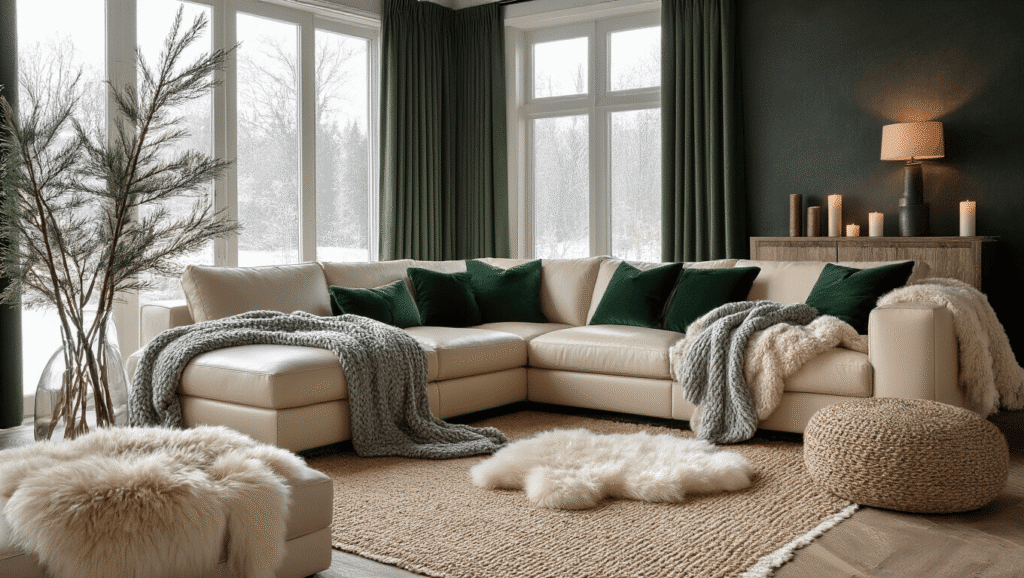 Winter Room Decor That Actually Keeps You Cozy (Without Looking Like a Christmas Explosion) A cozy winter living room with a cream leather sectional, chunky knit throw, green velvet pillows, and sheepskin rug, featuring warm lighting, natural textures, and deep emerald curtains.
