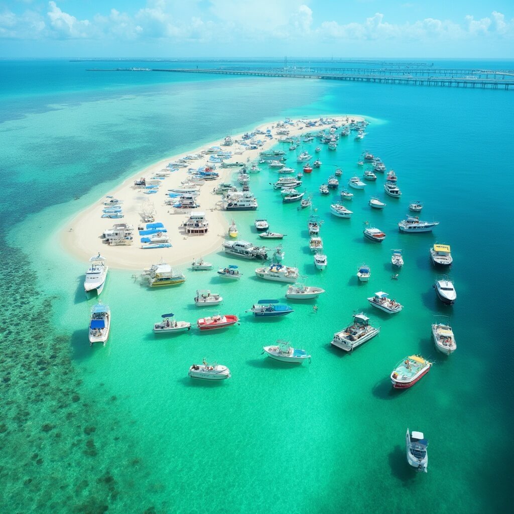 Aerial view of colorful pontoon boats at Crab Island sandbar with emerald waters, underwater sand ripples, and distant Destin Bridge