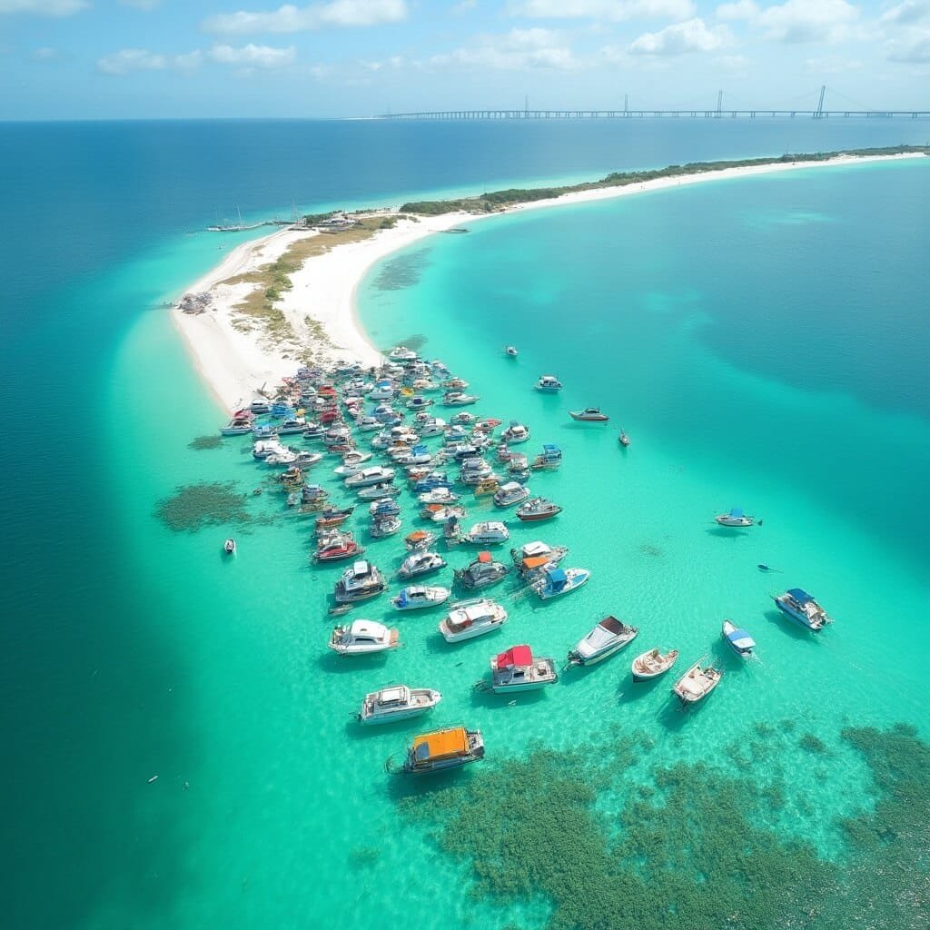 Aerial drone view of Crab Island sandbar with colorful pontoon boats, clear emerald waters showcasing underwater topography and distant Destin Bridge, under bright sunlight
