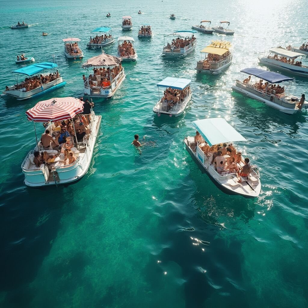 Bustling maritime scene at Crab Island with interconnected pontoon boats, people enjoying water activities, floating bars with colorful umbrellas, visible underwater scenery, and sunlight refraction revealing water depth variations, encapsulating a vibrant summer vacation atmosphere.