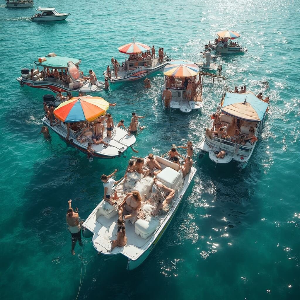 Bustling social scene at Crab Island with interconnected pontoon boats, people engaging in water activities, floating bars with colorful umbrellas, clear water with visible underwater, dramatic sunlight refraction and depth variation, embodying summer vacation energy.