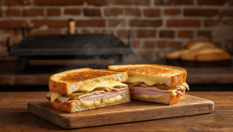 Craving a Slice of Tampa History: The Ultimate Cuban Sandwich Guide "Crispy Cuban sandwich with melted Swiss cheese and layers of roast pork and ham on a wooden board in a vintage Cuban bakery"