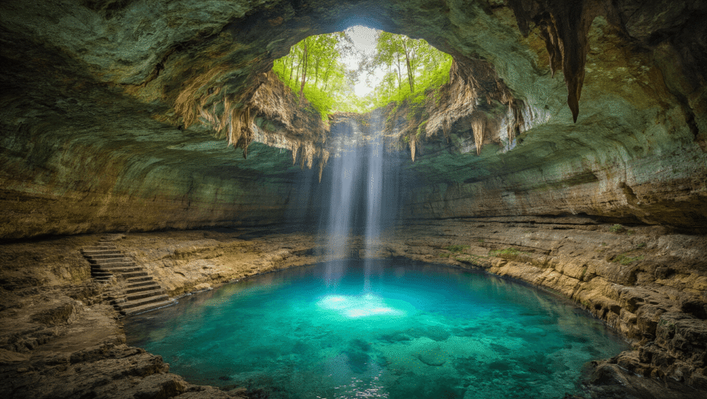 "Breathtaking underground cave swimming hole in Florida with turquoise water, stone stairs, ancient limestone formations, and mesmerizing natural lighting"