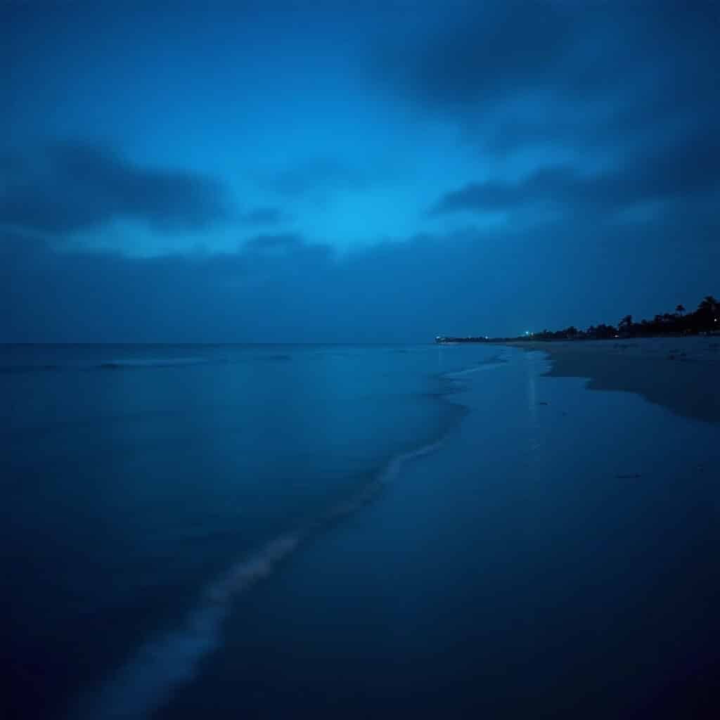 Twilight seascape of Destin shoreline with deep blue tones, silhouetted landscape, and smooth water texture captured using long exposure technique, Nikon Z7 II camera, highlighting the atmospheric beauty of Florida's coast