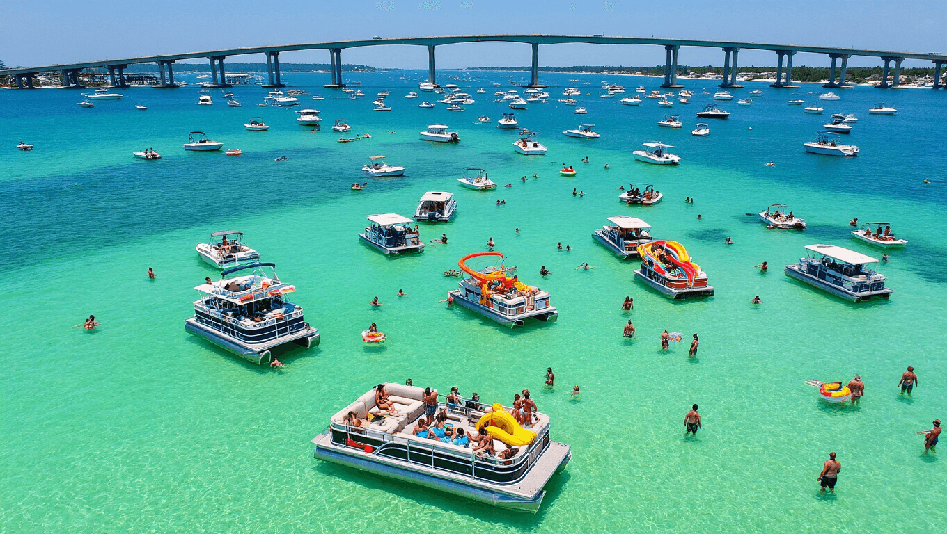 "Aerial view of Crab Island's turquoise waters with anchored colorful pontoon boats, people socializing in shallow water, and a festive aquatic atmosphere in Florida sunshine."