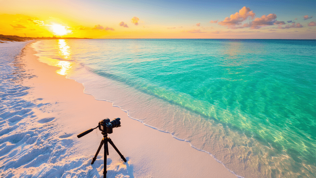 Unlock the Secret to Jaw-Dropping Blue Water Photos in Destin (Photographers Hate This!) "Professional DSLR camera on tripod capturing Destin's turquoise waters during golden hour with stretching shadows on white sand beach and gentle ripples catching warm sunlight."