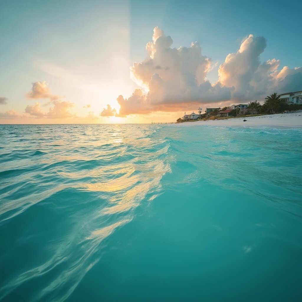 Dramatic coastal scenery of Destin at golden hour with crystal turquoise waters, pristine white sand beaches and dramatic cloud formations, captured with Canon EOS R5's ultra-detailed wide-angle lens