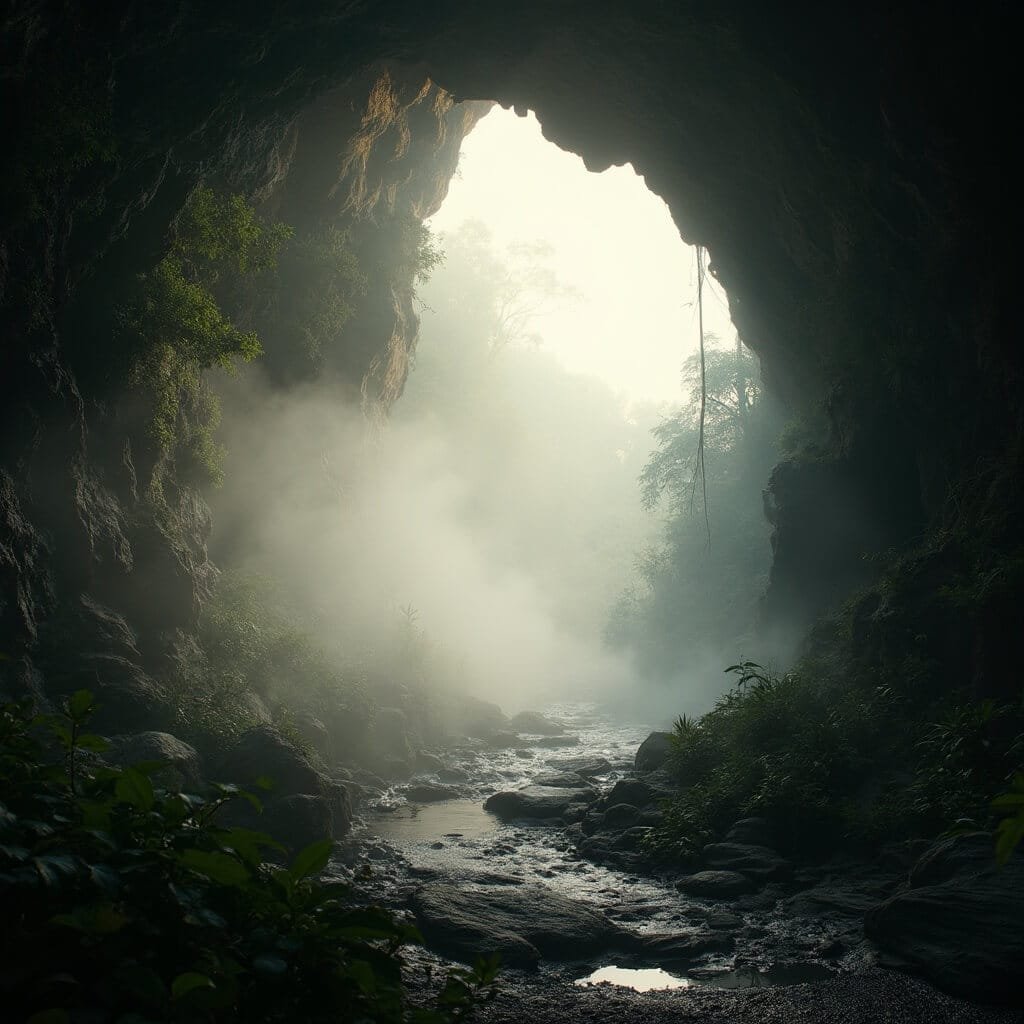 Dramatic morning landscape of steam rising from a massive cave opening in Florida, surrounded by lush vegetation, under the ethereal light of dawn, captured using high dynamic range photography with a Nikon D850 camera.
