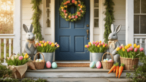 Easter Front Porch Decorating: Your Complete Guide to a Cheerful Spring Welcome A rustic farmhouse front porch adorned for Easter, featuring a navy blue door with a spring wreath, moss-covered bunny statues, oversized pastel eggs, vibrant flowers in galvanized buckets, and charming decorations in soft pastels, all bathed in warm golden hour light.
