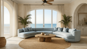 Florida Interior Design: How I Learned to Stop Worrying and Love Coastal Living Cinematic wide shot of a serene Florida living room with a curved blue-gray linen sofa, reclaimed wood coffee table, and travertine floors, featuring floor-to-ceiling windows that let in golden hour light, complemented by natural rattan accents, potted palms, and a jute rug, all against warm white limewash walls and a modern ceiling fan.