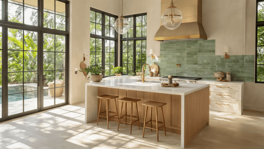 Florida Kitchen Design: Creating Coastal Spaces That Actually Work Cinematic overhead view of a sophisticated Florida coastal kitchen with a white oak island featuring a waterfall quartzite edge, warm honey wood grain textures, and sage green subway tiles, illuminated by golden sunlight through floor-to-ceiling glass doors, with tropical greenery visible outdoors.