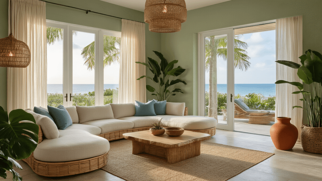 How Florida Interior Design Is Making Every Room Feel Like a Breezy Beach House (Without the Sand) A luxurious Florida coastal living room featuring soft sage green walls, a cream curved sectional, bamboo furniture, and warm golden hour lighting, seamlessly connecting to a tropical patio.