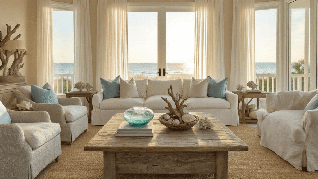Florida Interior Design: Transform Your Home Into a Coastal Paradise Sunlit coastal Florida living room featuring weathered wood furniture, sheer white curtains, and a neutral color palette with sandy beige walls and pale blue accents, radiating warmth and a relaxed ambiance.