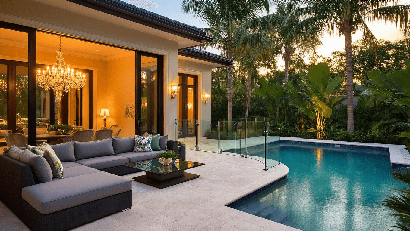 Luxurious Florida poolside living area at golden hour featuring a plush sectional sofa, elegant chandelier, and safety glass fence around a kidney-shaped pool, with travertine deck and tropical foliage.