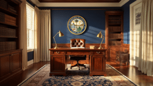 Florida's State Seal and Flag: Everything You Need to Know About These Iconic Symbols Sophisticated home office featuring a rich mahogany desk and leather chair, illuminated by warm sunlight, with the Florida state seal prominently displayed on a navy blue wall, vintage prints, built-in bookshelves, and a Persian rug, all creating an inviting scholarly atmosphere.