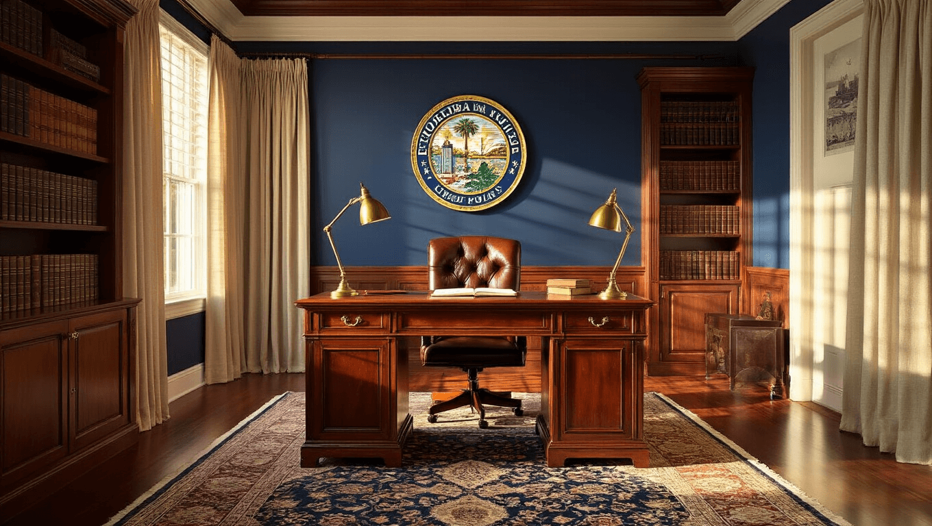 Sophisticated home office featuring a rich mahogany desk and leather chair, illuminated by warm sunlight, with the Florida state seal prominently displayed on a navy blue wall, vintage prints, built-in bookshelves, and a Persian rug, all creating an inviting scholarly atmosphere.