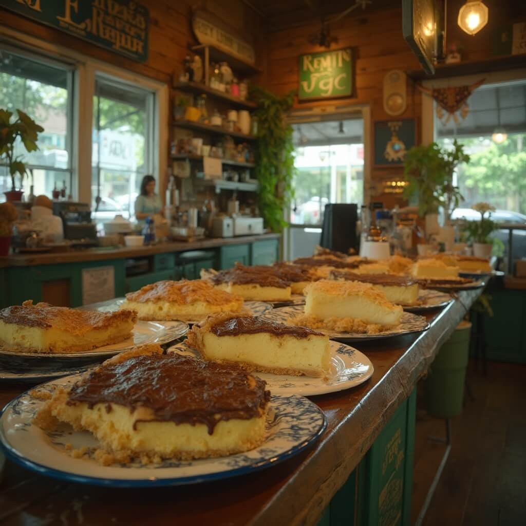 Vintage interior of Kermit's Key Lime Shop in Key West showcasing a variety of delicious key lime pies, with Florida Keys decor, warm lighting, and food styling emphasizing the artisanal quality.