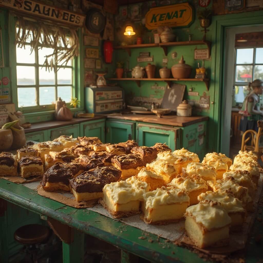 Vintage interior of Kermit's Key Lime Shop in Key West, showcasing various key lime pies, nautical decor, in warm morning light