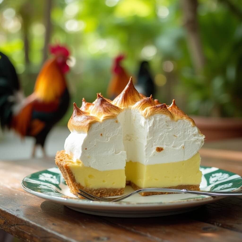 Key lime pie slice with caramelized meringue on rustic table in tropical Blue Heaven restaurant, Key West