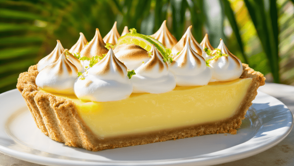 The Only Key Lime Pie Guide That Actually Matters (From Someone Who's Eaten 47 Slices) "Authentic Key West key lime pie with toasted meringue and lime zest garnish, served outdoors in tropical setting with palm fronds"