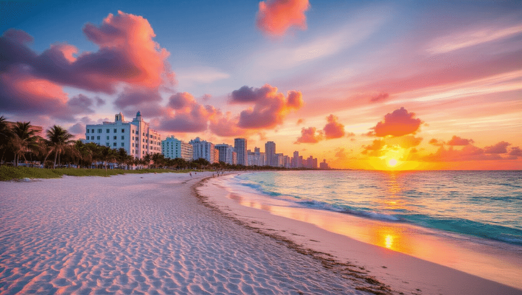 Sunrise Magic: Why Miami Beach Will Steal Your Heart Before 7 AM "Miami Beach sunrise with vibrant pink and orange sky, silhouetted Art Deco buildings, crystal-clear turquoise waters reflecting sunlight, white sandy beach, streaked clouds, swaying palm trees, and the sun lighting up the Miami skyline"