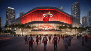 "Fans in Miami Heat jerseys walking towards the Kaseya Center illuminated with red and orange lights, amidst the Miami skyline at night, showing the flaming basketball logo of the Heat and '601 Biscayne Blvd' address."