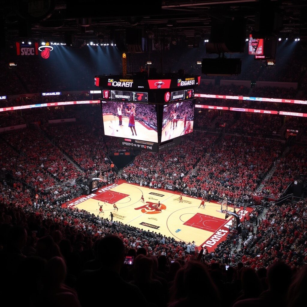 Overhead shot of enthusiastic Miami Heat fans in Kaseya Center, wearing red and black, intensely reacting to an ongoing game, players in dynamic action on court, captured in high-contrast lighting.